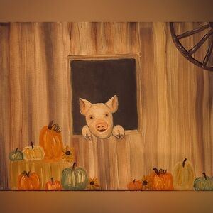 Rustic Farm Pig Painting with Pumpkins